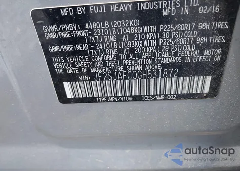 2016 Subaru Forester 2.5I Premium from USA, damaged, VIN JF2SJAFC0GH531872